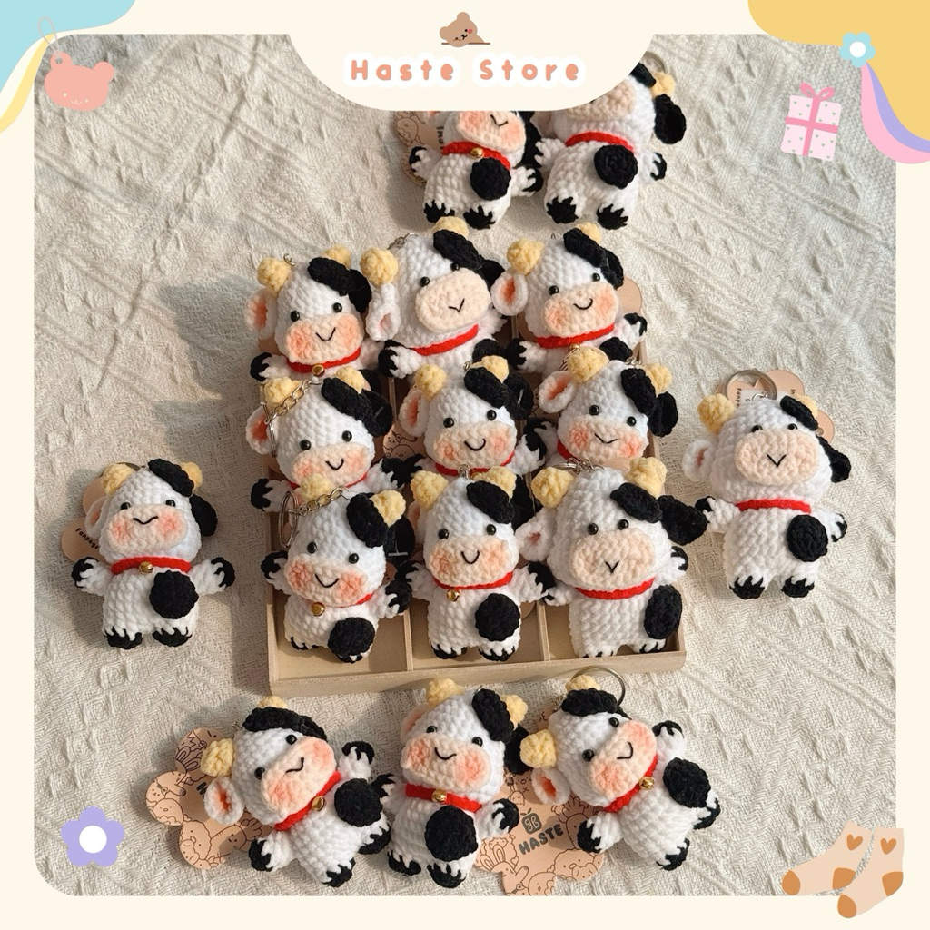 Móc Khoá Len Nhung Bò Sữa Trắng Đen Milk Tea Handmade Màu Pastel Quà Tặng Dễ Thương Độc Đáo