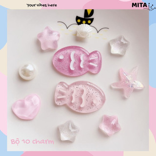 Bộ 10 Sticker, Charm 3D chủ đề Cá hồng sao nhựa cứng gắn Dép Sục, Cá Sấu Mita JB-365