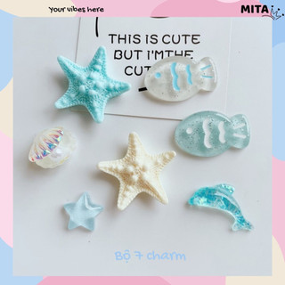 Set 7 Sticker, charm 3D chủ đề Cá Sao Biển DIY Mita gắn Dép Sục, Cá Sấu JBM-03