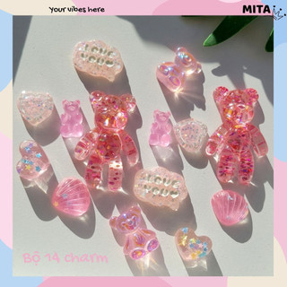 Set 14 Sticker, Charm 3D chủ đề Gấu hồng trong suốt DIY Mita gắn Dép Sục, Cá Sấu JB-332