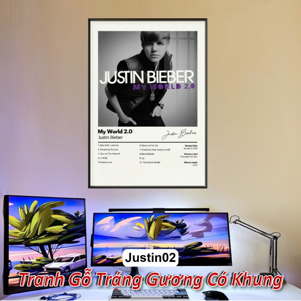 Tranh Album Âm Nhạc của Justin Bieber Tráng Gương Khung Composite Decor Treo Tường Trang Trí