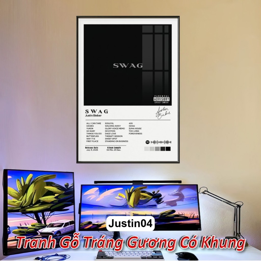 Tranh Album Âm Nhạc của Justin Bieber Tráng Gương Khung Composite Decor Treo Tường Trang Trí