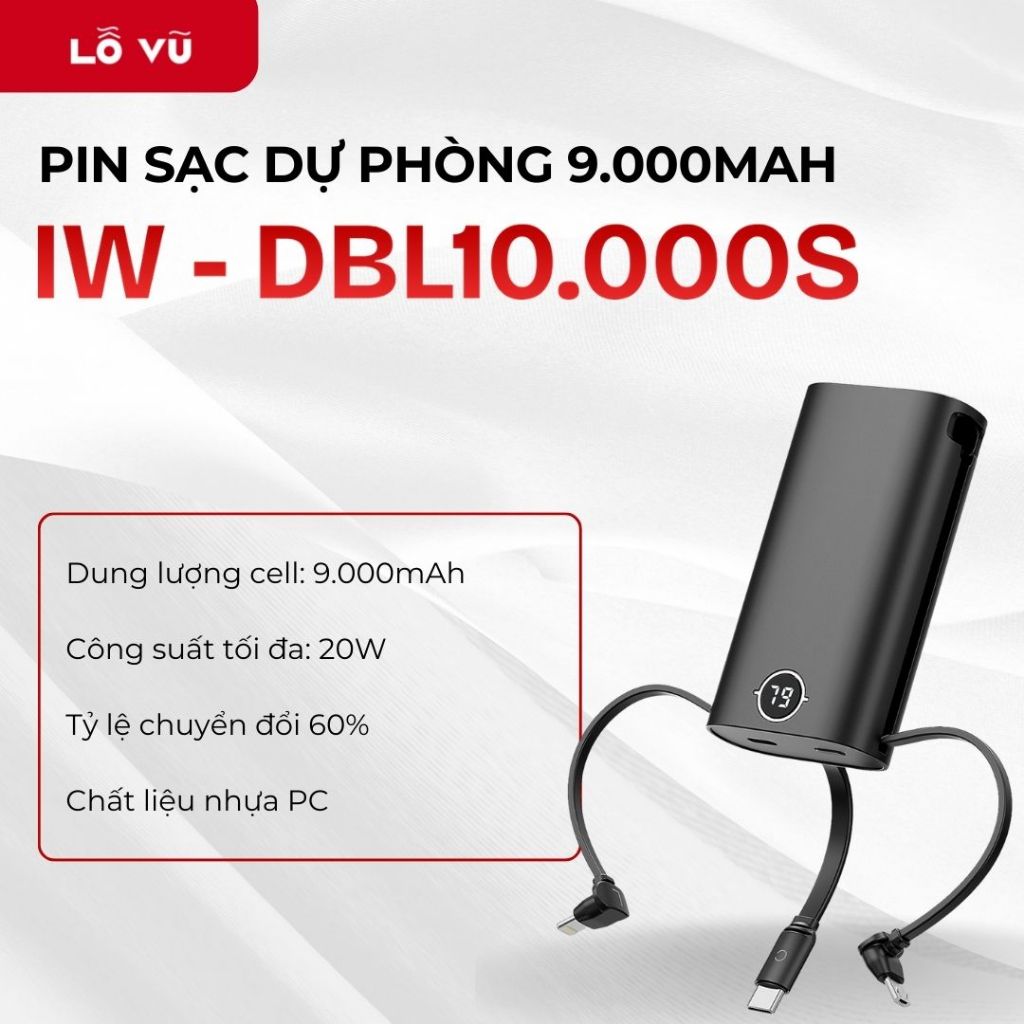 (Nobox) Pin sạc dự phòng 9000mAh iW DBL10000S, Sạc Nhanh 20W, 2 Cổng sạc, Tích hợp 3 cáp sạc tiện lợi - levu01, lỗ vũ | BigBuy360 - bigbuy360.vn