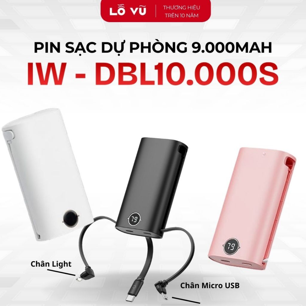 (Nobox) Pin sạc dự phòng 9000mAh iW DBL10000S, Sạc Nhanh 20W, 2 Cổng sạc, Tích hợp 3 cáp sạc tiện lợi - levu01, lỗ vũ | BigBuy360 - bigbuy360.vn