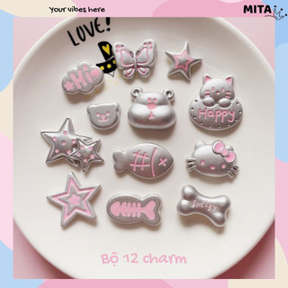 Bộ 12 Sticker, Charm 3D chủ đề Gấu xám hồng nhựa cứng gắnDép Sục, Cá Sấu Mita JB-379