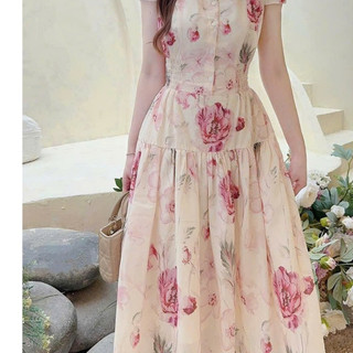 Đầm thời trang nữ chất Voan cao cấp vải mỏng mát cổ tròn áo tay ngắn phồng in hoa trẻ trung nữ tính váy maxi dáng xoè