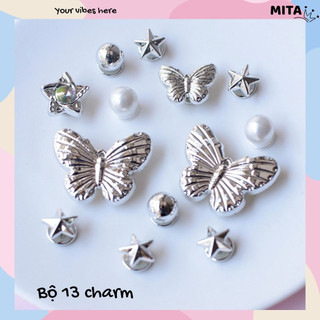 Bộ 13 Sticker, Charm 3D chủ đề Sao bạc bling nhựa cứng gắn Dép Sục, Cá Sấu Mita JB-368