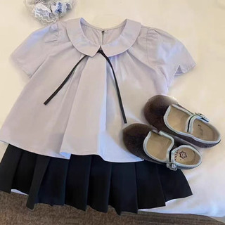 Set áo babydoll phối nơ kèm chân váy xếp ly cho bé gái