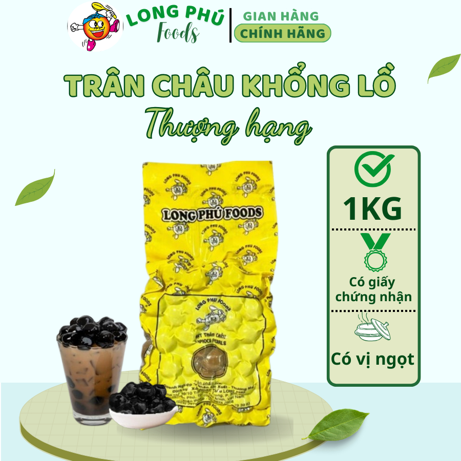 Trân Châu Khổng Lồ Đường Đen Thượng Hạng LONG PHÚ Gói 1kg Hạt 18 ly - Topping Nguyên Liệu Trà Sữa Đường Đe
