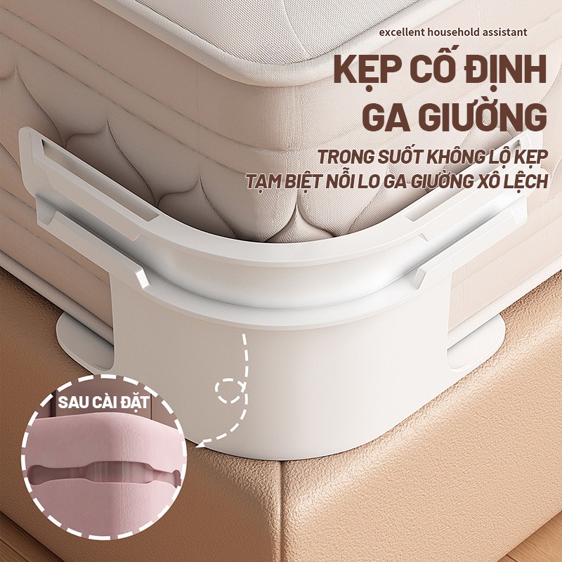 Kaleis Kẹp Giữ Ga Giường Chống Tuột Trong Suốt – Kẹp Cố Định Góc Ga Vô Hình, Giữ Ga Phẳng Lì – Set 4 Cái