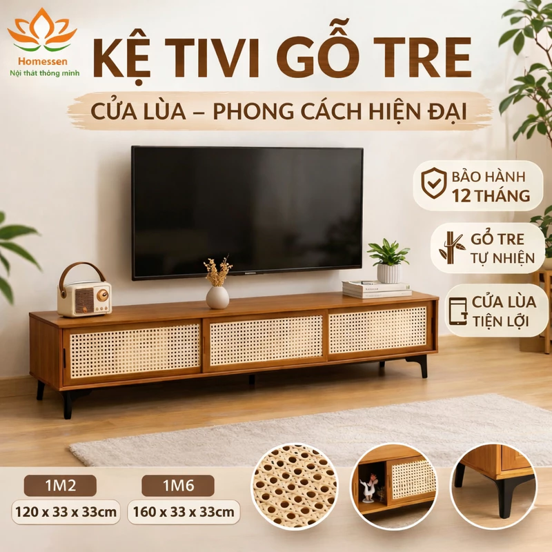 Kệ tivi phòng khách cửa lùa 1m2 1m6, Tủ tivi phòng khách gỗ tre cửa trượt giả mây tre đan cổ điển màu nâu và vàng — ảnh 1