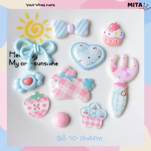 Bộ 10 Sticker, Charm 3D chủ đề Thỏ nơ xanh nhựa cứng gắn Dép Sục, Cá Sấu Mita JB-370