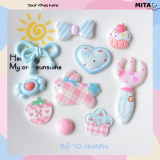 Bộ 10 Sticker, Charm 3D chủ đề Thỏ nơ xanh nhựa cứng gắn Dép Sục, Cá Sấu Mita JB-370