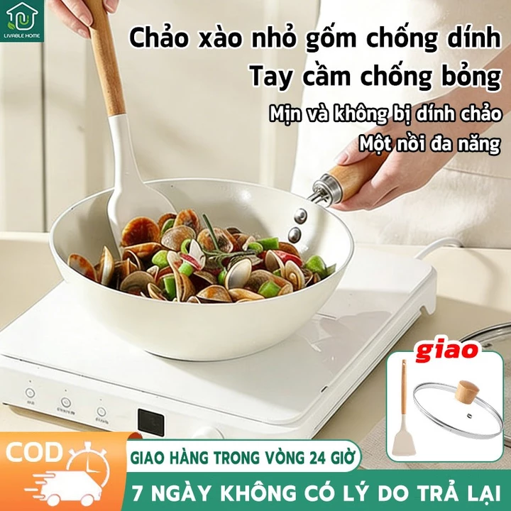 Chảo chống dính vân đá Nhật chảo sâu lòng Chảo vân đá phủ lớp chống dính - Chảo sâu lòng chống dính cán gỗ 24cm
