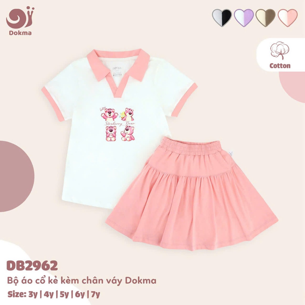 (13-18kg, 3-7) Bộ Cộc Bé Gái Áo Cổ Chân Váy Dokma DB2962