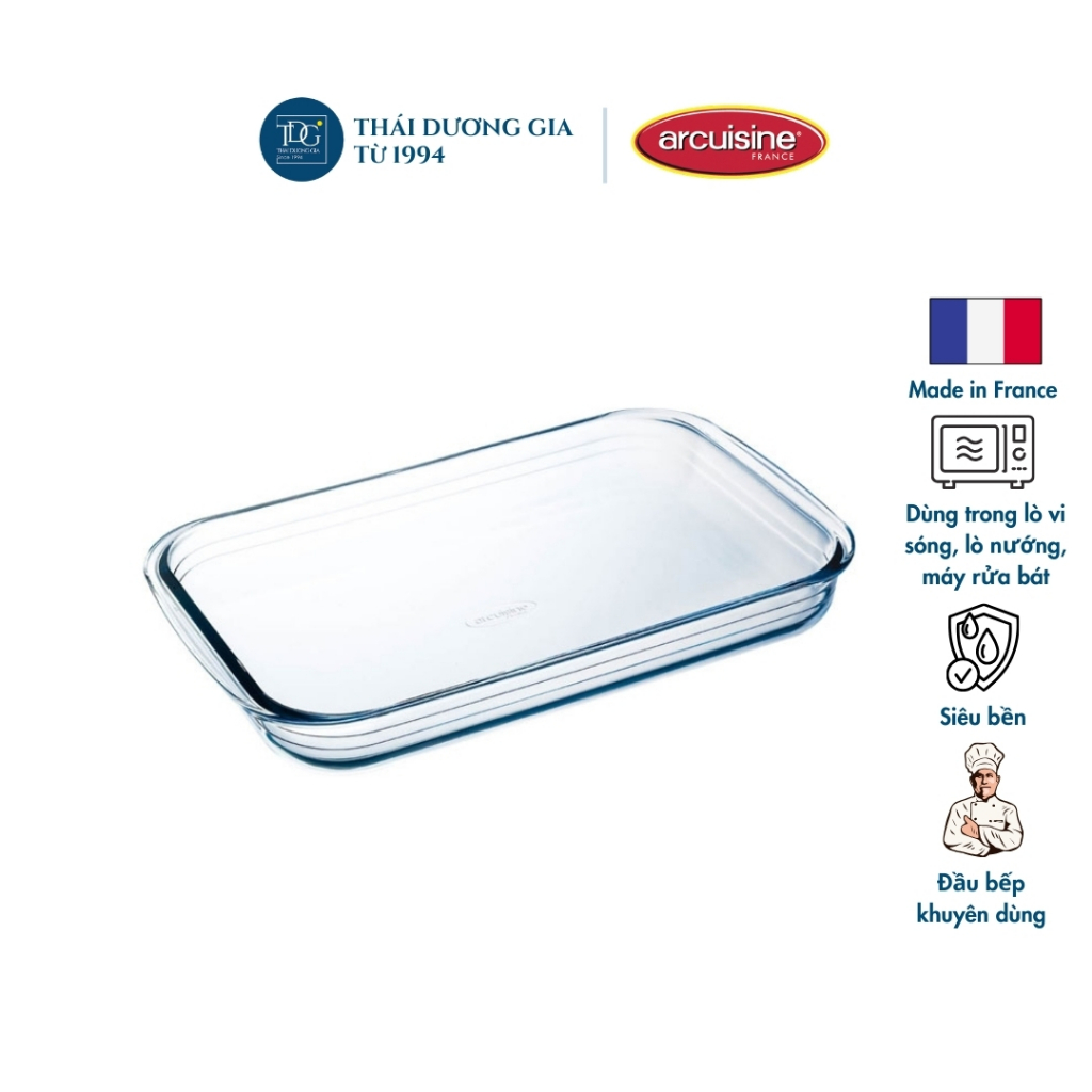 Khay nướng nồi chiên không dầu chữ nhật thủy tinh cao cấp Pháp Arcuisine 10293 39x23cm có tay cầm | Thái Dương Gia