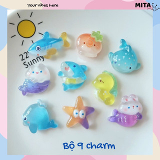 Bộ 9 Sticker, Charm 3D chủ đề Cá mập nhựa cứng gắn Dép Sục, Cá Sấu Mita JB-375