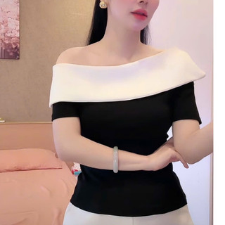 Áo Thiết Kế phối màu Bệt vai Ôm Fit Dáng Thanh Lịch