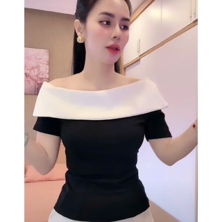 Áo Thiết Kế phối màu Bệt vai Ôm Fit Dáng Thanh Lịch