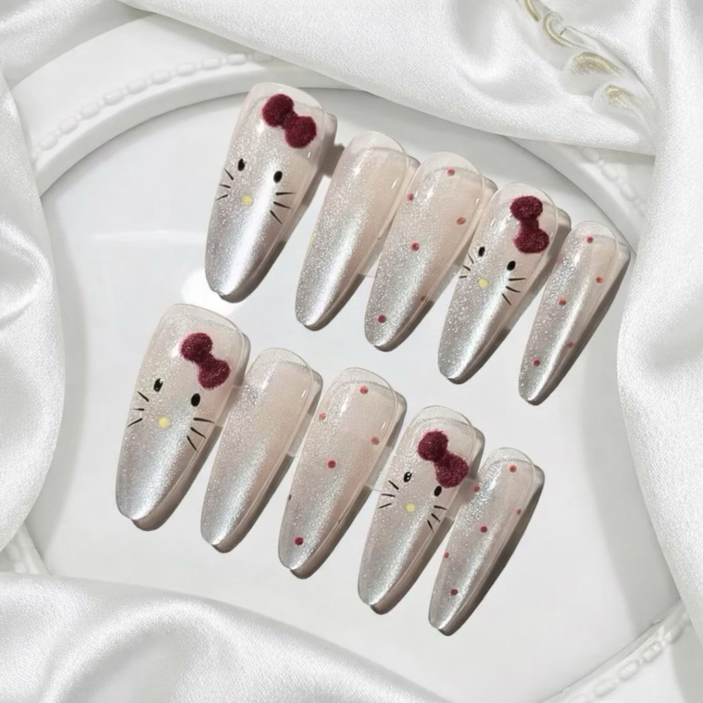 Nailbox [ Mã M31 ] Nail Hello Kitty Mắt Mèo - From hạt gạo dài nơ nhung