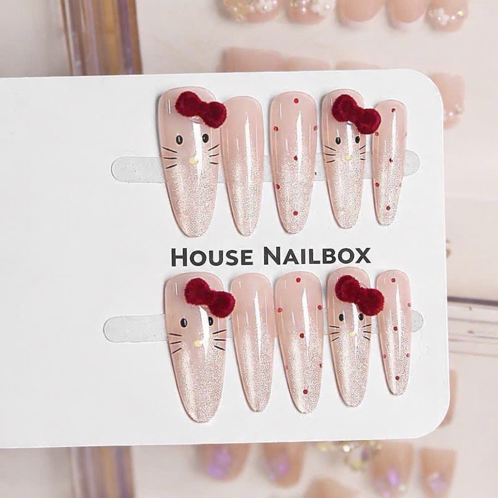 Nailbox [ Mã M31 ] Nail Hello Kitty Mắt Mèo - From hạt gạo dài nơ nhung