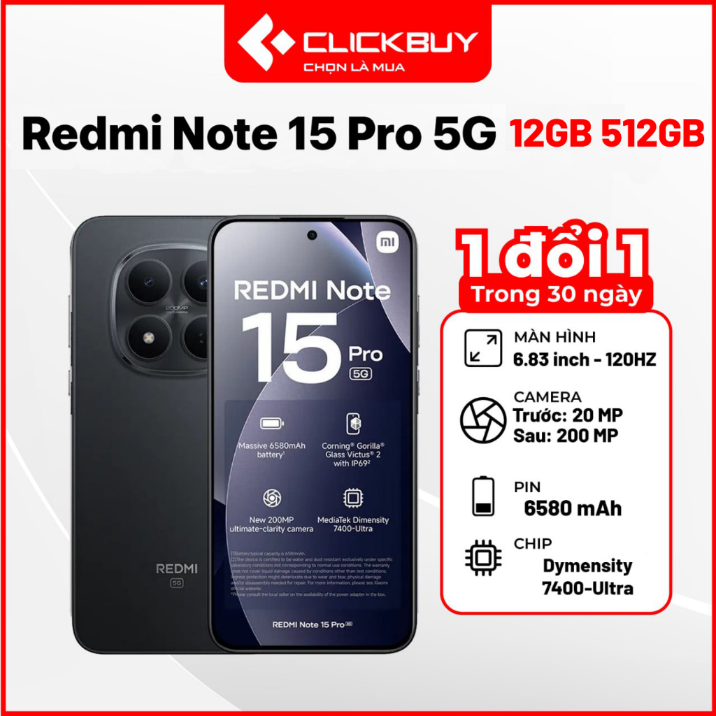 Điện Thoại Xiaomi Redmi Note 15 Pro 5G RAM 12GB Bộ Nhớ 512GB Camera 200MP OIS Chính Hãng
