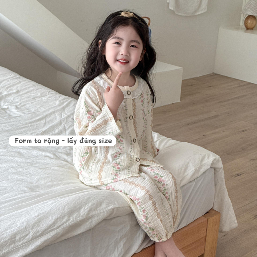 Đồ ngủ bé gái 9–24kg | Bộ dài tay phối cổ ren, vải Xô Muslin thoáng mát, thấm hút mồ hôi