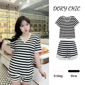 DORY CHIC_Set đồ bộ nữ kẻ cộc tay cổ tim phối viền ren, đồ bộ chất mát vibe tiểu thư, dễ thương S002b
