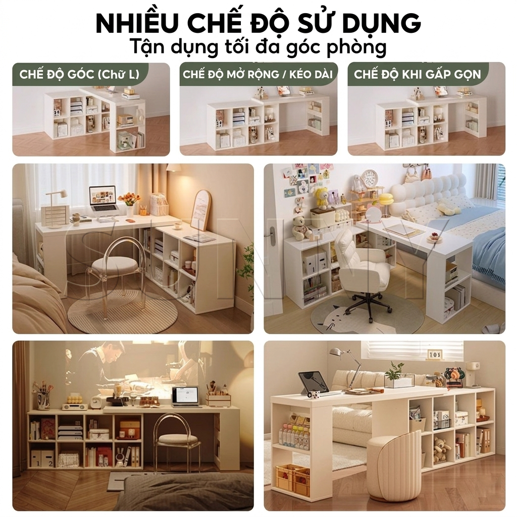 Sunny Bàn Góc Bàn Làm Việc SUNNY Chữ L Kèm Kệ Sách Tổ Ong Đa Năng Gấp Gọn Kéo Dài Mặt Dày 25mm