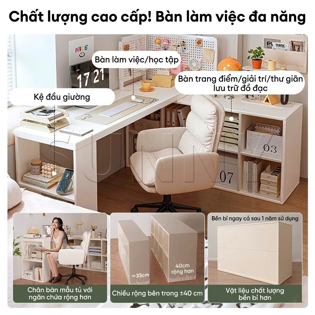 Sunny Bàn Góc Bàn Làm Việc SUNNY Chữ L Kèm Kệ Sách Tổ Ong Đa Năng Gấp Gọn Kéo Dài Mặt Dày 25mm