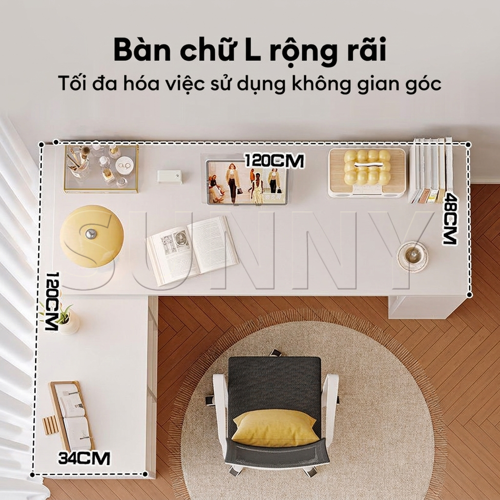 Sunny Bàn Góc Bàn Làm Việc SUNNY Chữ L Kèm Kệ Sách Tổ Ong Đa Năng Gấp Gọn Kéo Dài Mặt Dày 25mm