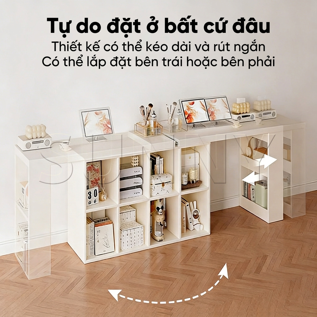 Sunny Bàn Góc Bàn Làm Việc SUNNY Chữ L Kèm Kệ Sách Tổ Ong Đa Năng Gấp Gọn Kéo Dài Mặt Dày 25mm