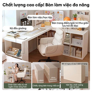 Nido Bàn Trang Điểm Góc Chữ L Xoay Linh Hoạt - Bàn Làm Việc Kèm Kệ Đa Năng Tiết Kiệm Diện Tích