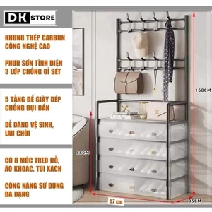 KỆ GIÀY DÉP 5 TẦNG KÈM GIÁ TREO QUẦN ÁO – CÓ MÀNG CHẮN BỤI