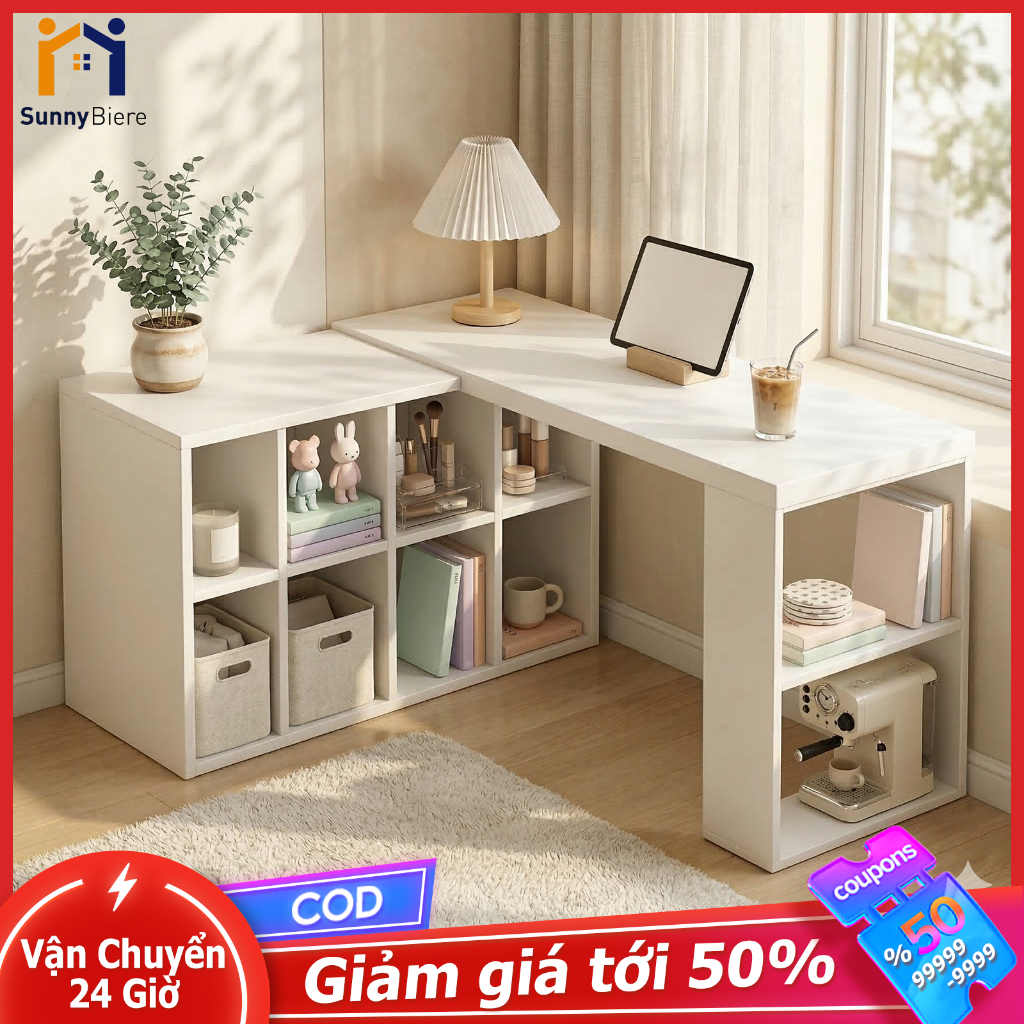 Sunny Bàn Góc Bàn Làm Việc SUNNY Chữ L Kèm Kệ Sách Tổ Ong Đa Năng Gấp Gọn Kéo Dài Mặt Dày 25mm