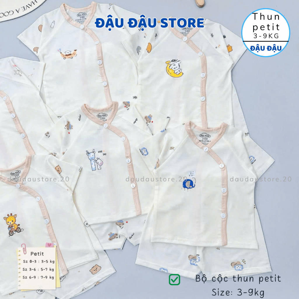 (Set 3 - Set 5) bộ cộc tay sơ sinh thun petit phối giáp lăng mềm mịn cho bé sơ sinh size 0-9 tháng CG07 Đậu Đậu Store
