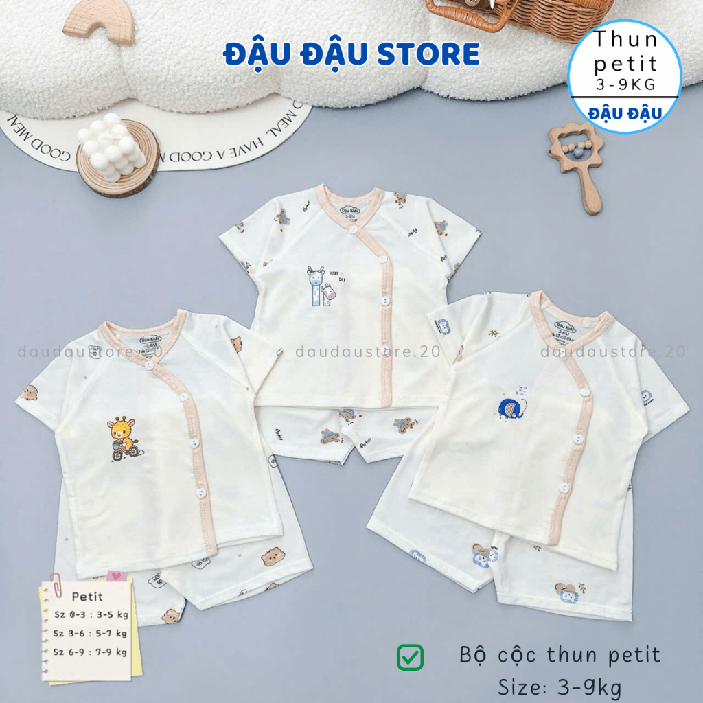 (Set 3 - Set 5) bộ cộc tay sơ sinh thun petit phối giáp lăng mềm mịn cho bé sơ sinh size 0-9 tháng CG07 Đậu Đậu Store