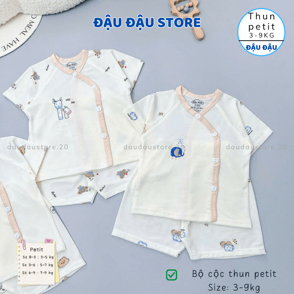 (Set 3 - Set 5) bộ cộc tay sơ sinh thun petit phối giáp lăng mềm mịn cho bé sơ sinh size 0-9 tháng CG07 Đậu Đậu Store