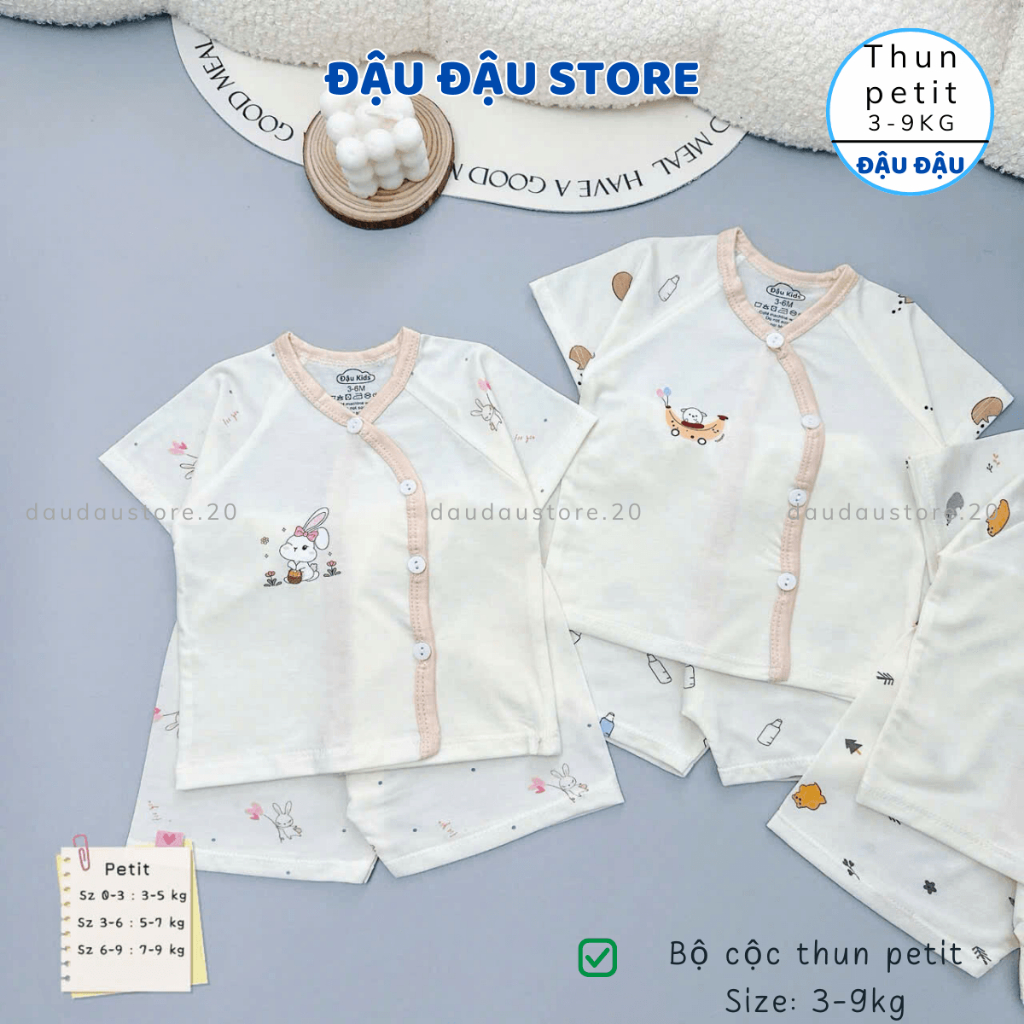 (Set 3 - Set 5) bộ cộc tay sơ sinh thun petit phối giáp lăng mềm mịn cho bé sơ sinh size 0-9 tháng CG07 Đậu Đậu Store