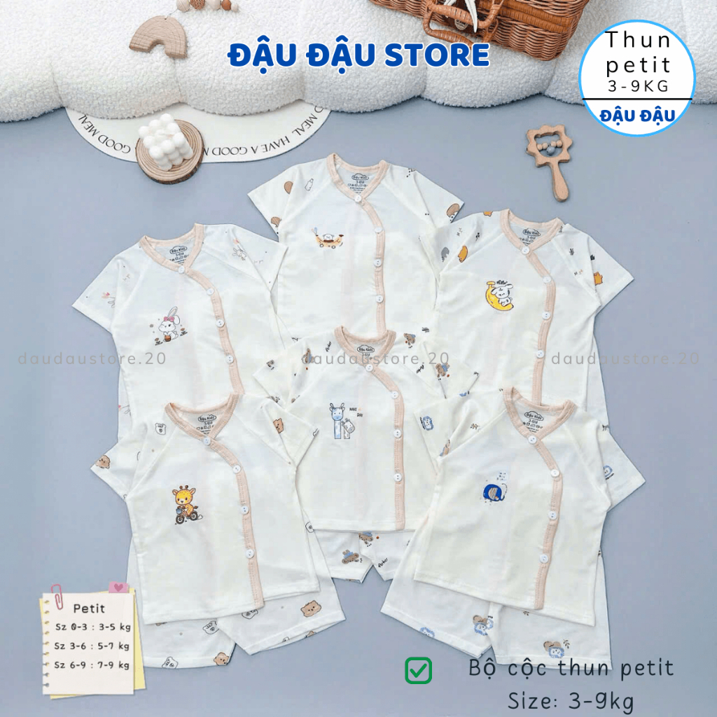 (Set 3 - Set 5) bộ cộc tay sơ sinh thun petit phối giáp lăng mềm mịn cho bé sơ sinh size 0-9 tháng CG07 Đậu Đậu Store