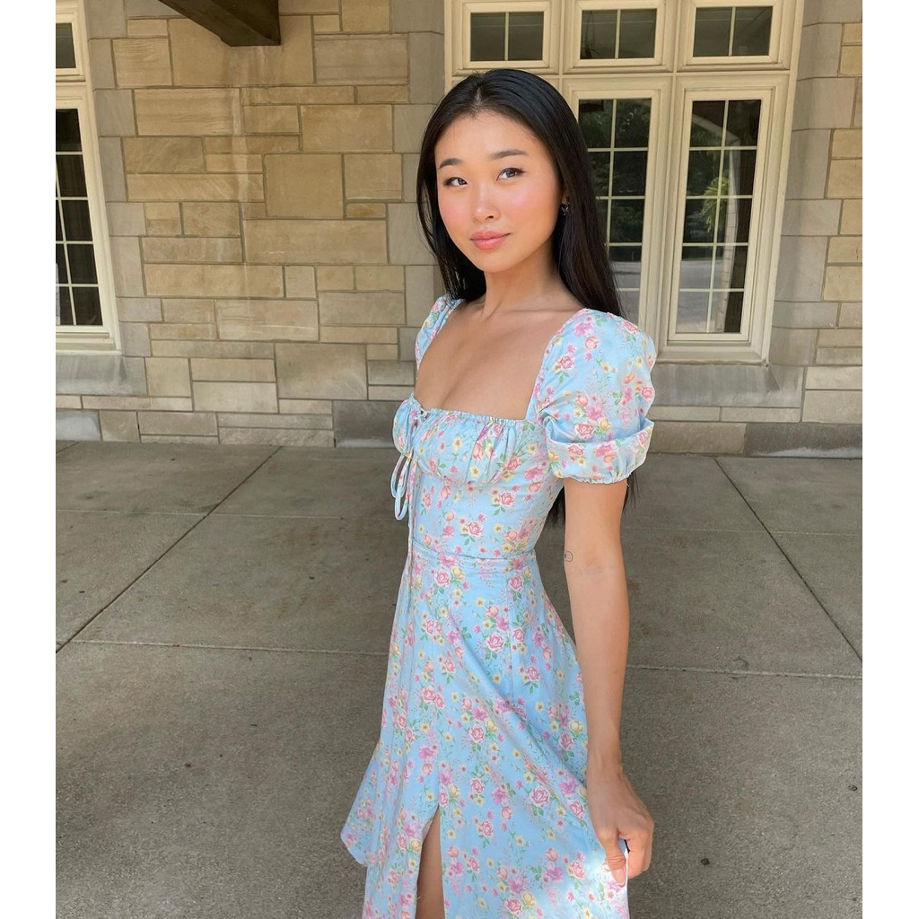 Đầm hoa nhí xanh pastel style vintage thời thượng nữ tính thanh lịch cho mùa hè 🌿🌸
