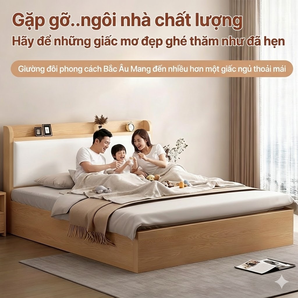 Giường Ngủ Phong Cách Bắc Âu Hiện Đại Màu Xám Màu Gỗ Tự Nhiên  Bảo Hành 10 Năm Chính Hãng
