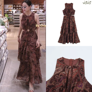Đầm maxi nâu hoạ tiết cut eo hàng TQ