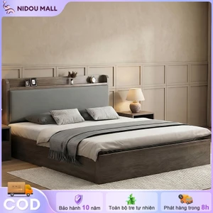 Giường Ngủ Gỗ Tự Nhiên 100% Bảo Hành 10 NĂM Thiết Kế Có Kệ Đầu Giường Tiện Lợi Màu Xám Gỗ Tự Nhiên