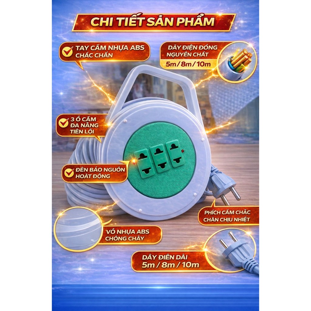 Ổ Cắm Điện Cuộn Dây – Ổ Cắm Quay 3 Ổ Cắm, Dây dài 5m / 8m / 10m Công Suất 1500W, Nhựa ABS Chống Cháy