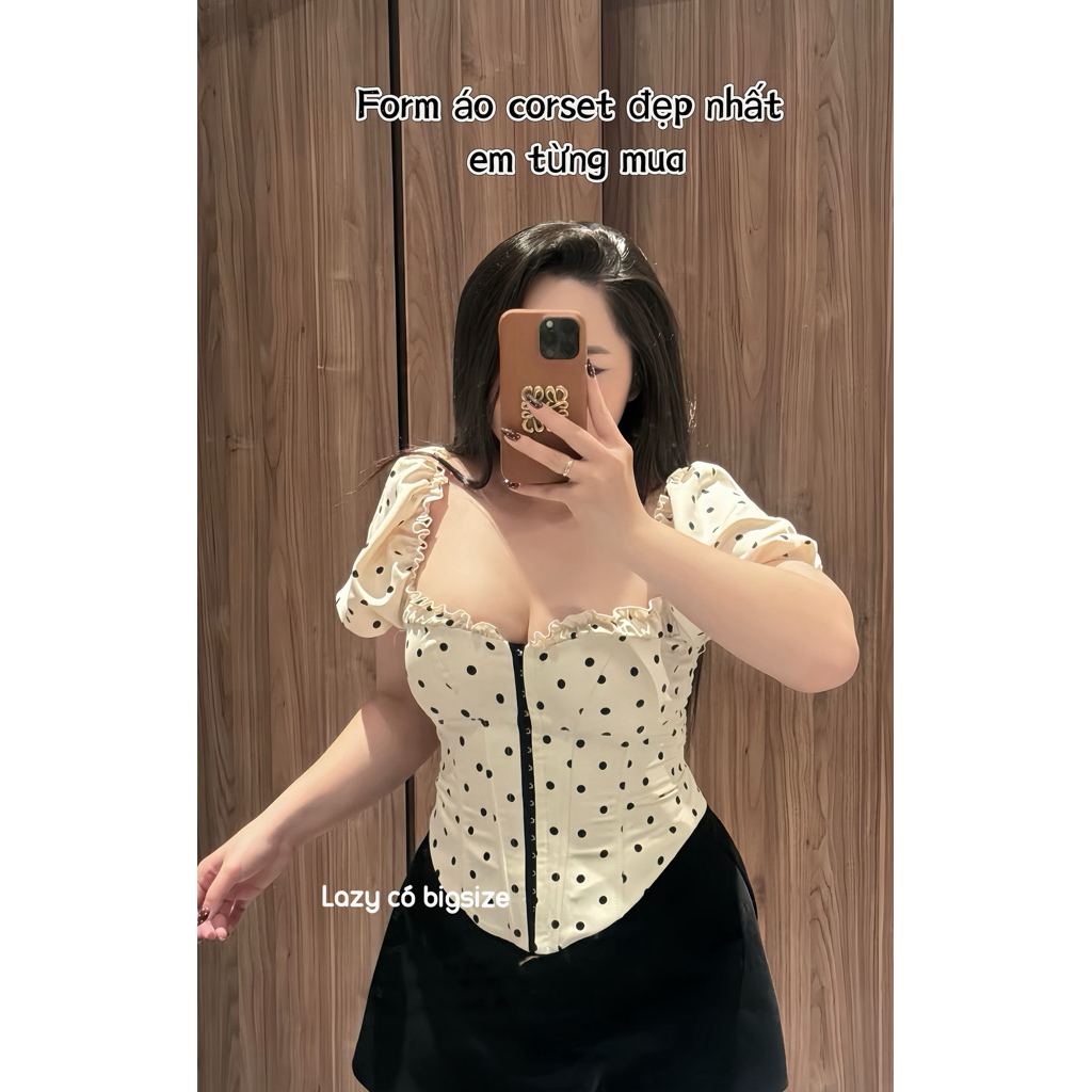 [Hàng loại 1] Áo kiểu Corset cup ngực chấm bi A24 tay phồng cổ vuông ôm eo tiểu thư vitage quyến rũ | BigBuy360 - bigbuy360.vn