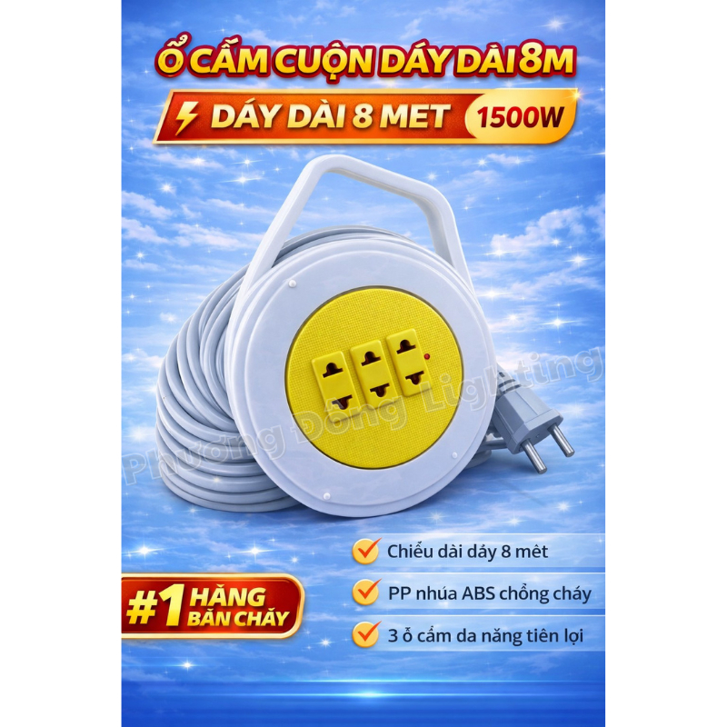 Ổ Cắm Điện Cuộn Dây – Ổ Cắm Quay 3 Ổ Cắm, Dây dài 5m / 8m / 10m Công Suất 1500W, Nhựa ABS Chống Cháy