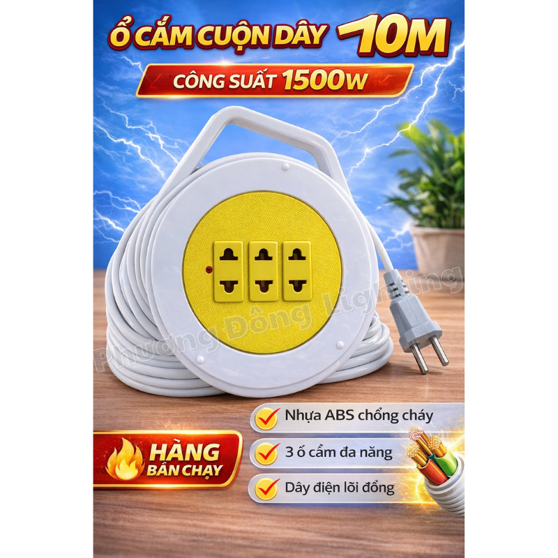 Ổ Cắm Điện Cuộn Dây – Ổ Cắm Quay 3 Ổ Cắm, Dây dài 5m / 8m / 10m Công Suất 1500W, Nhựa ABS Chống Cháy