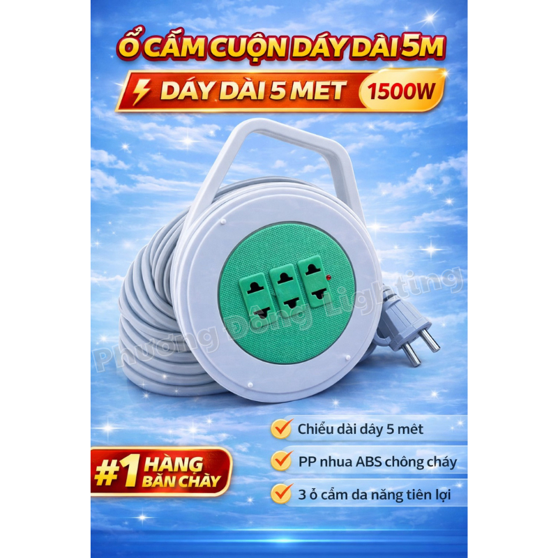 Ổ Cắm Điện Cuộn Dây – Ổ Cắm Quay 3 Ổ Cắm, Dây dài 5m / 8m / 10m Công Suất 1500W, Nhựa ABS Chống Cháy