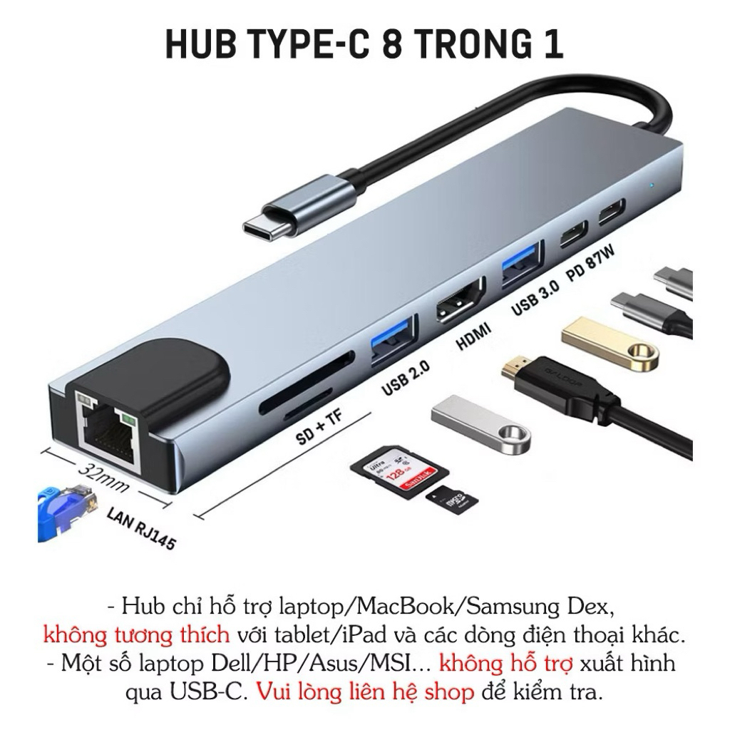 HUB Type C và HUB USB ra HDMI/USB/SD/TF/PD/RJ45 - HUB chia cổng chuyển đổi 3/7/8 in 1 cho Macbook/Laptop